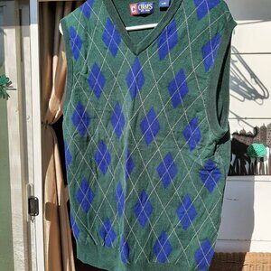 Men's Chaps Pullover Sweater Vest Green Plaid 100% Cotton Size L